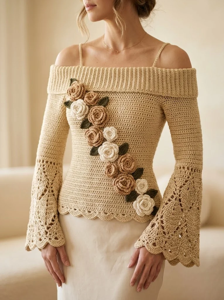 Champagne Gold Bell Sleeve Crochet Top Free Pattern