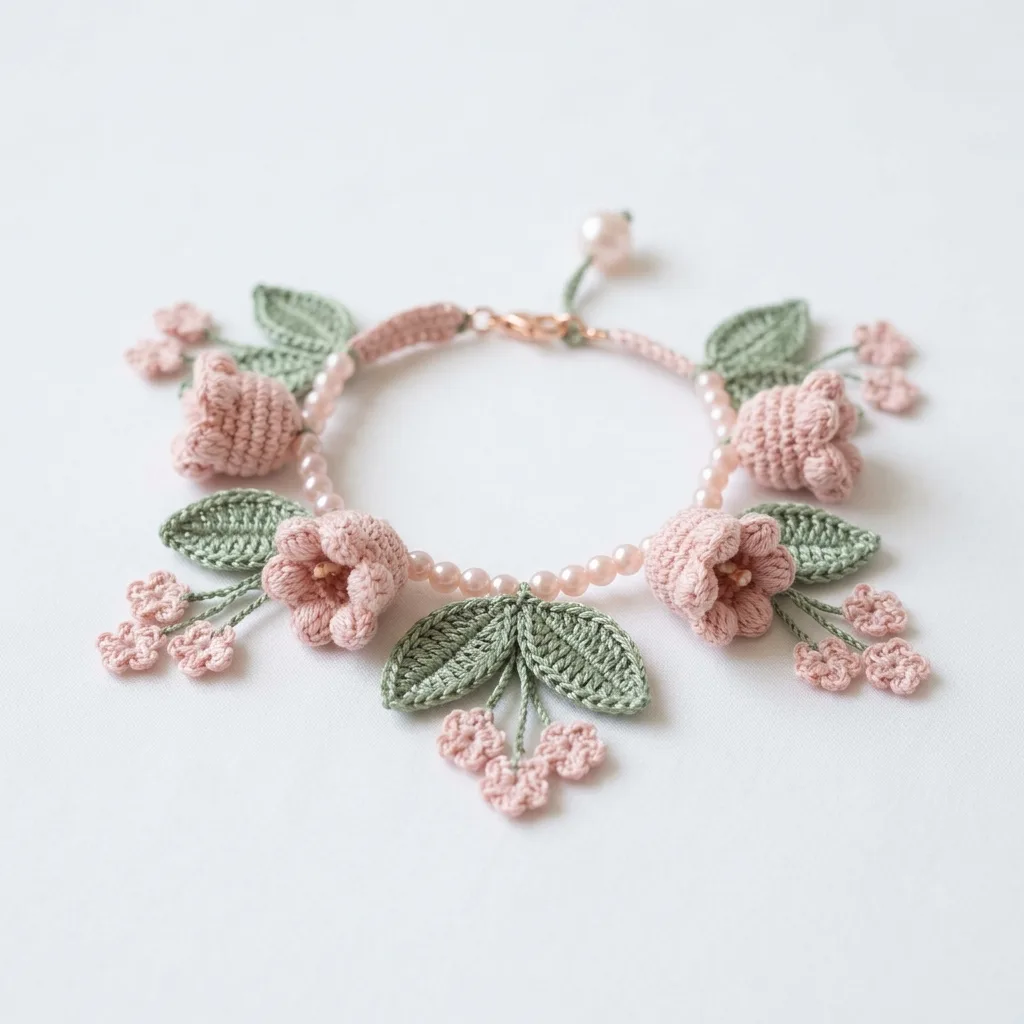 Cherry Blossom Pink Flower Crochet Bracelet Pattern
