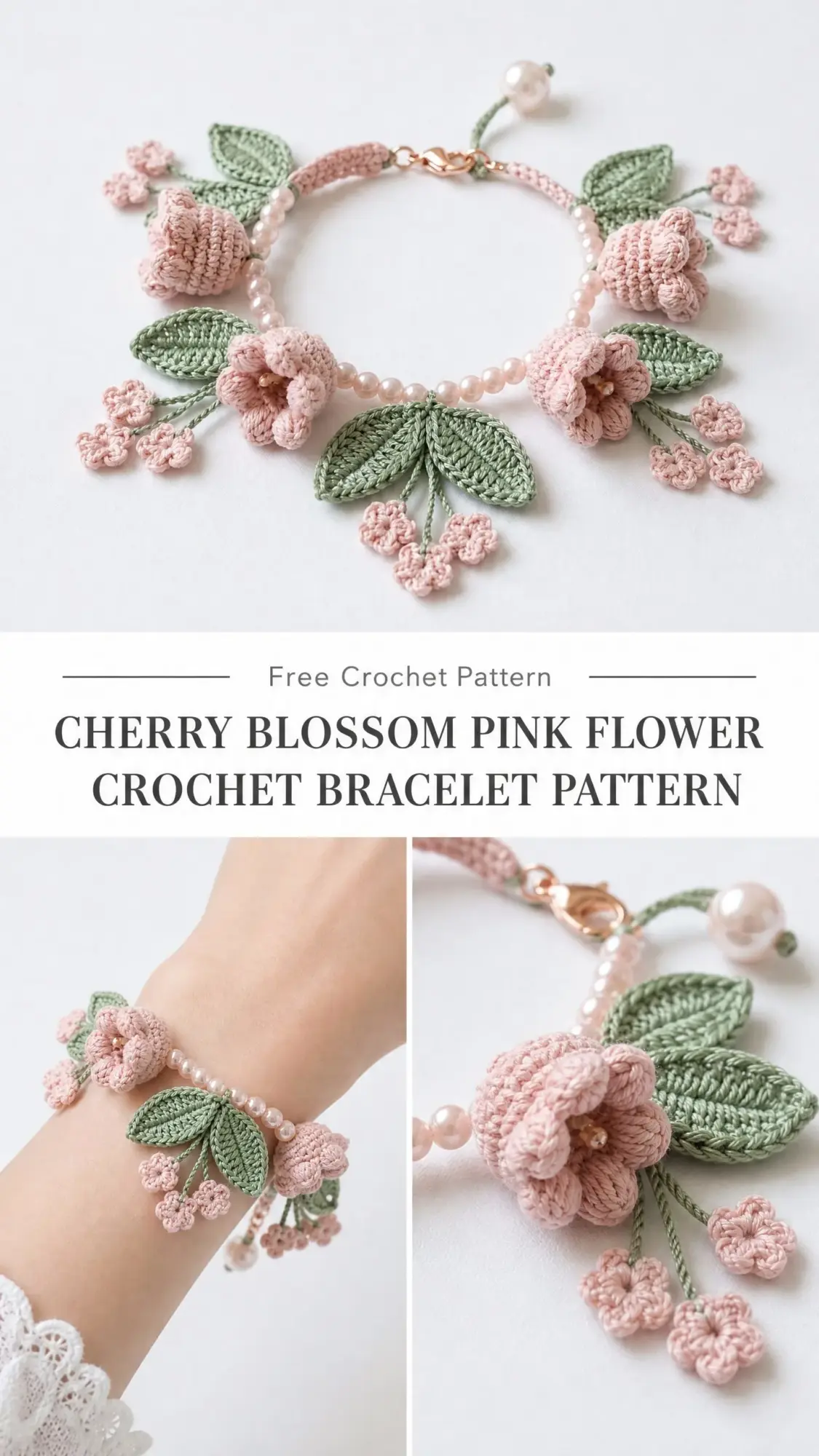 Cherry Blossom Pink Flower Crochet Bracelet Pattern