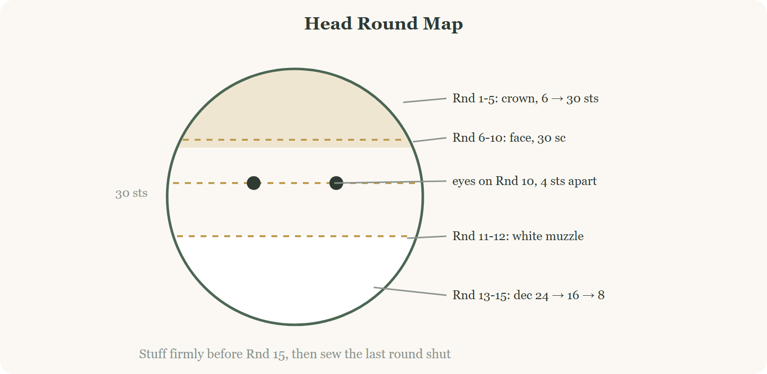 Crochet mini cat head round map, crown, face, muzzle blaze and eye placement