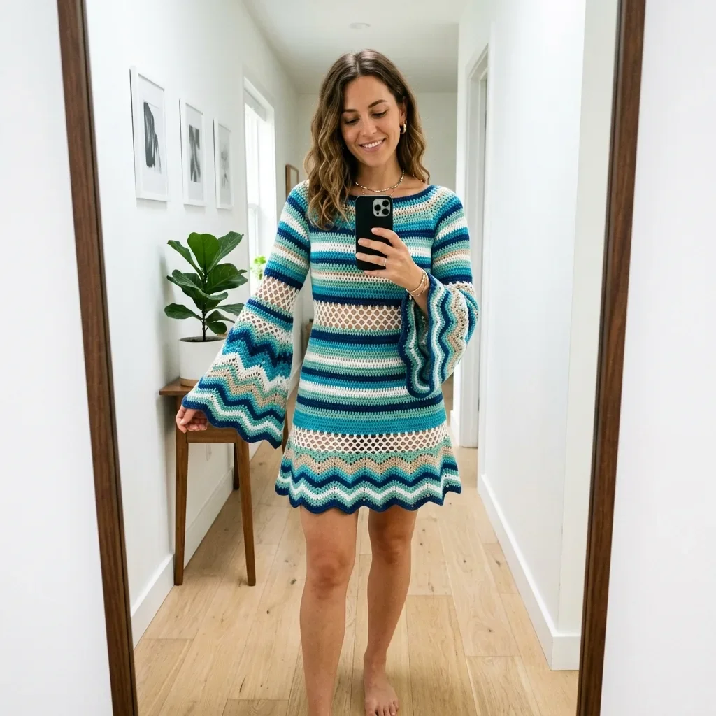 Coastal Blue Bell Sleeve Crochet Dress Free Pattern