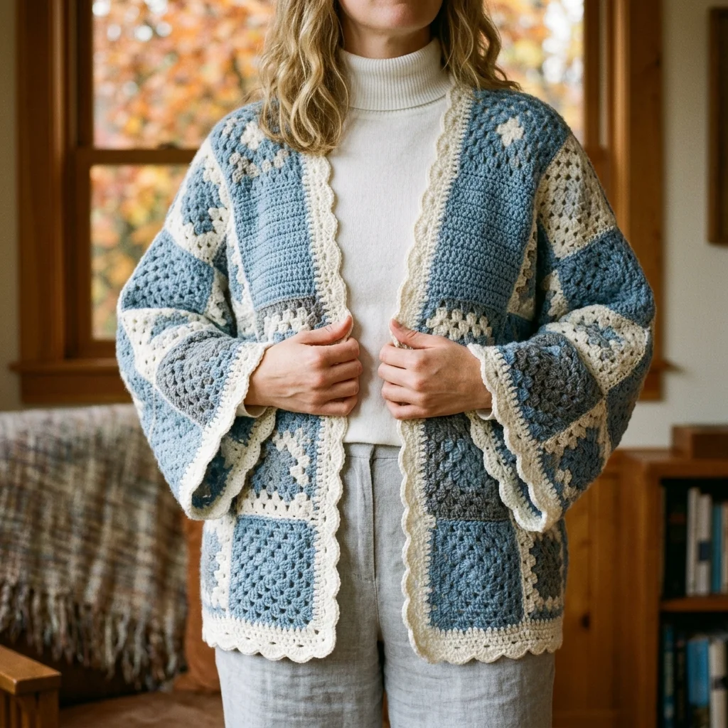 Coastal Blue Granny Square Patchwork Cardigan Free Pattern