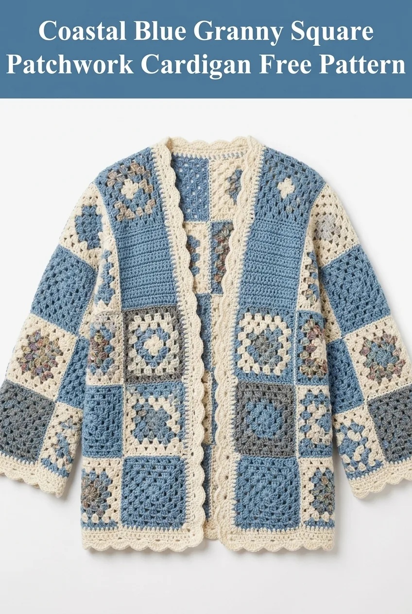 Coastal Blue Granny Square Patchwork Cardigan Free Pattern