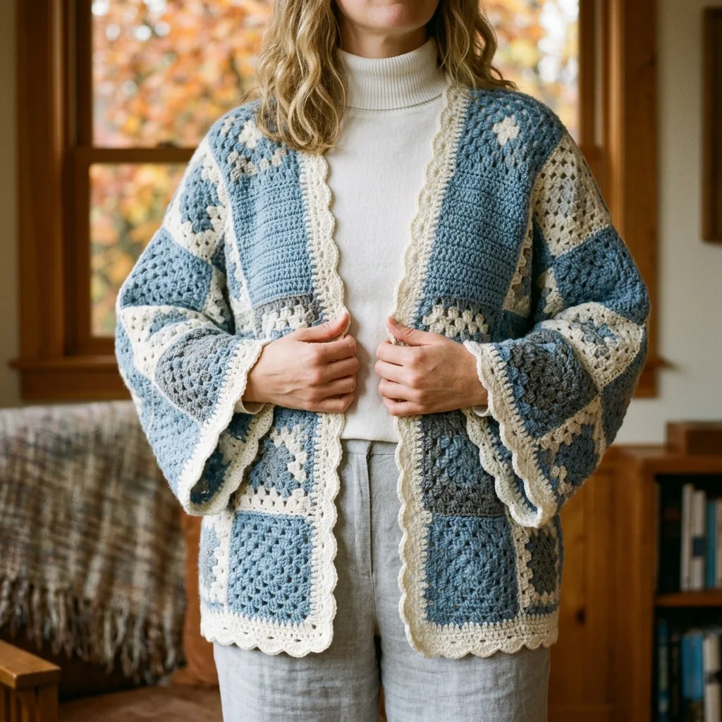 Coastal Blue Granny Square Patchwork Cardigan Free Pattern