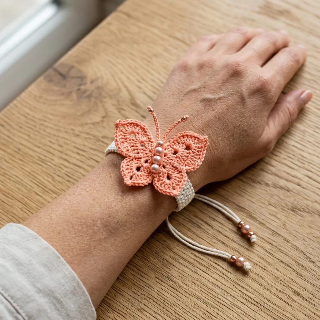 Coral Peach Butterfly Wrist Cuff Free Crochet Pattern