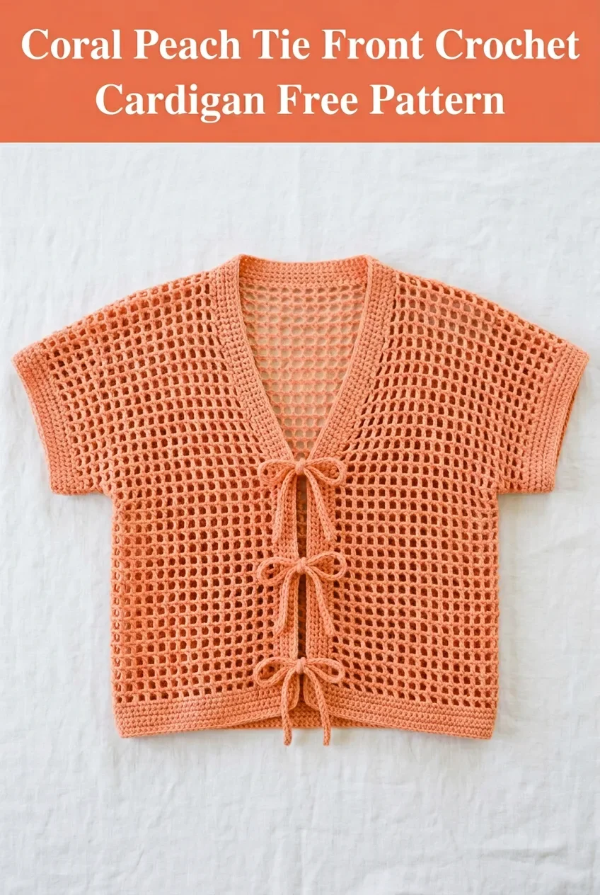 Coral Peach Tie Front Crochet Cardigan Free Pattern