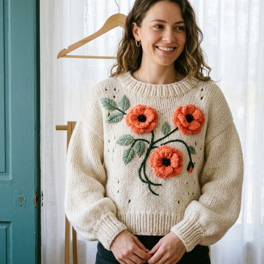 Coral Poppy Appliqué Knit Sweater Free Crochet Pattern