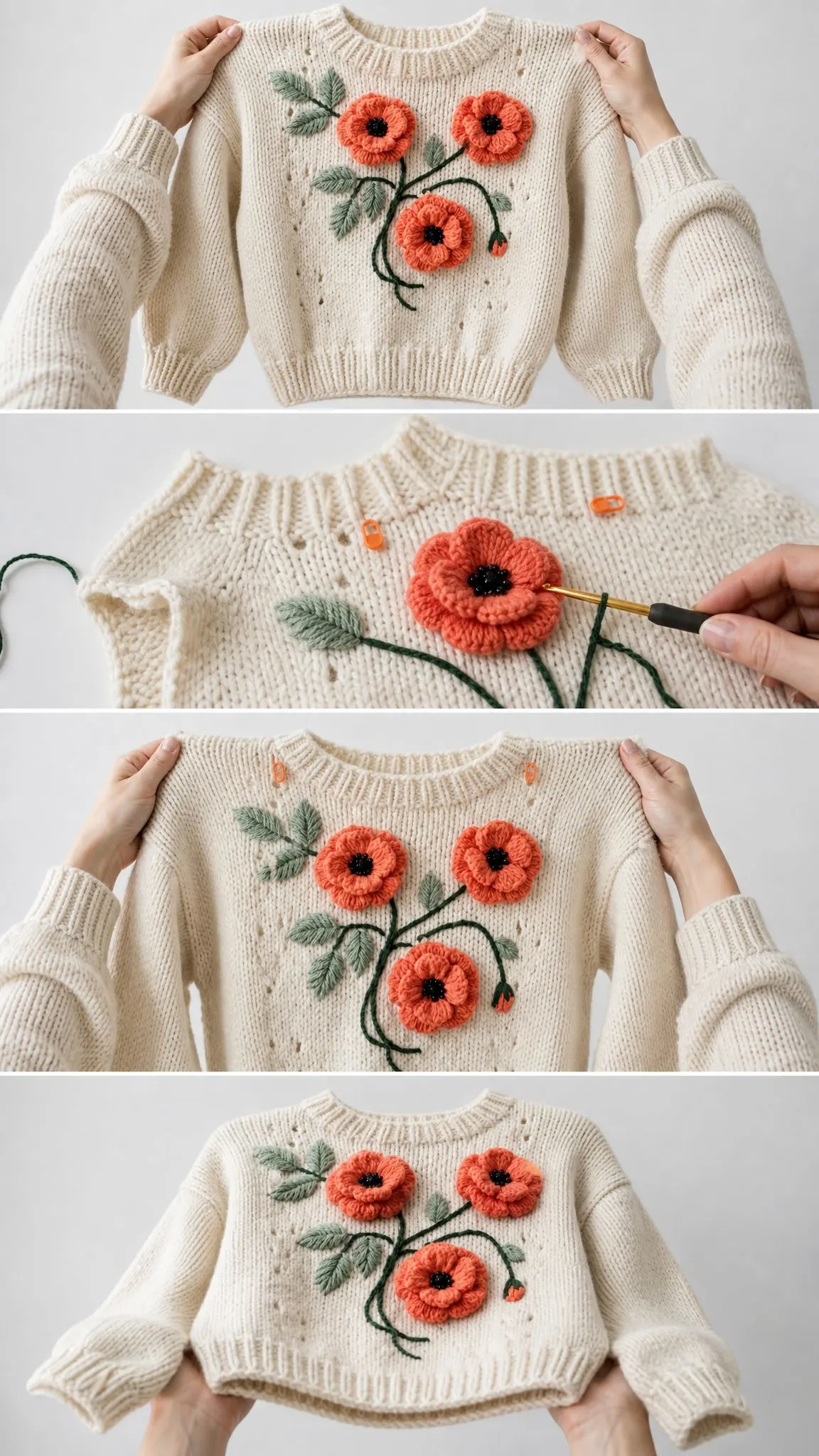 Coral Poppy Appliqué Knit Sweater Free Crochet Pattern