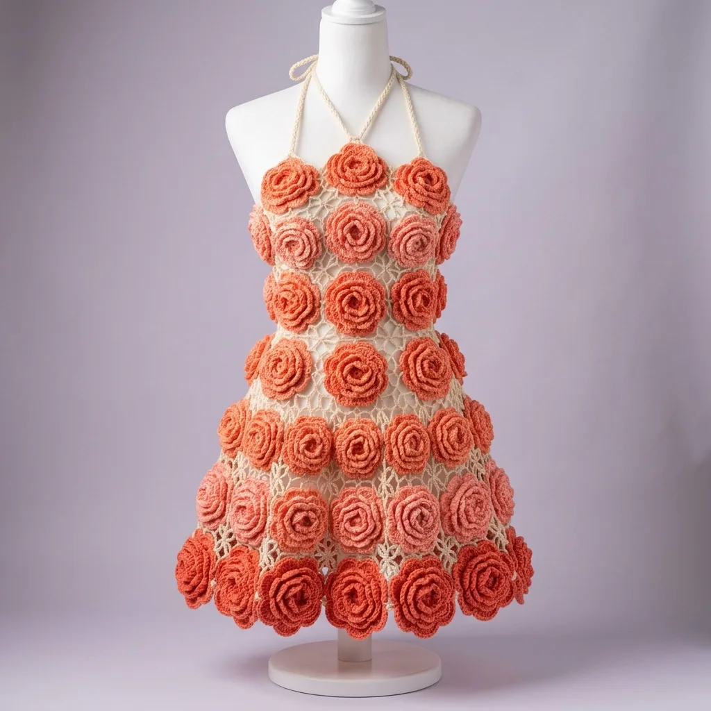 Coral Sunset Floral Halter Dress Free Crochet Pattern