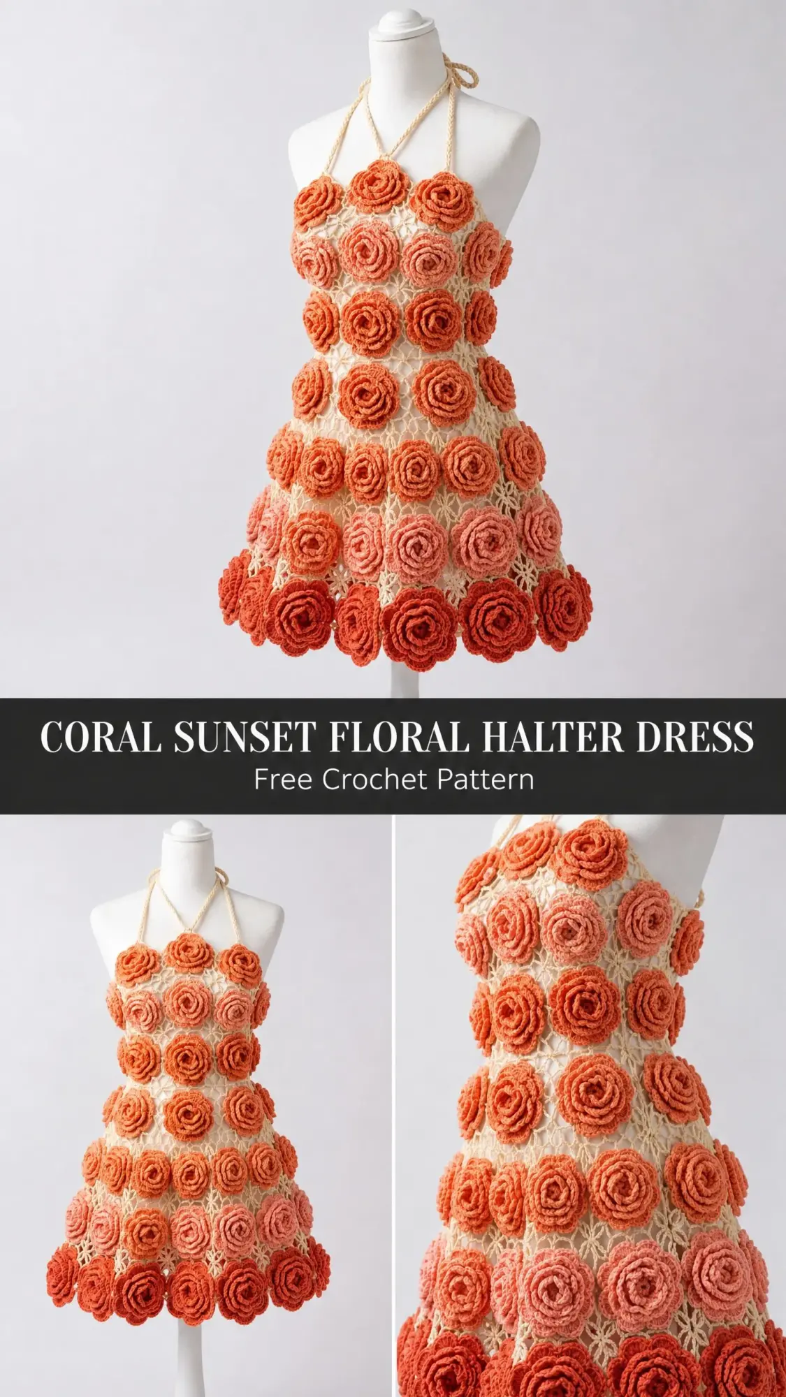 Coral Sunset Floral Halter Dress Free Crochet Pattern