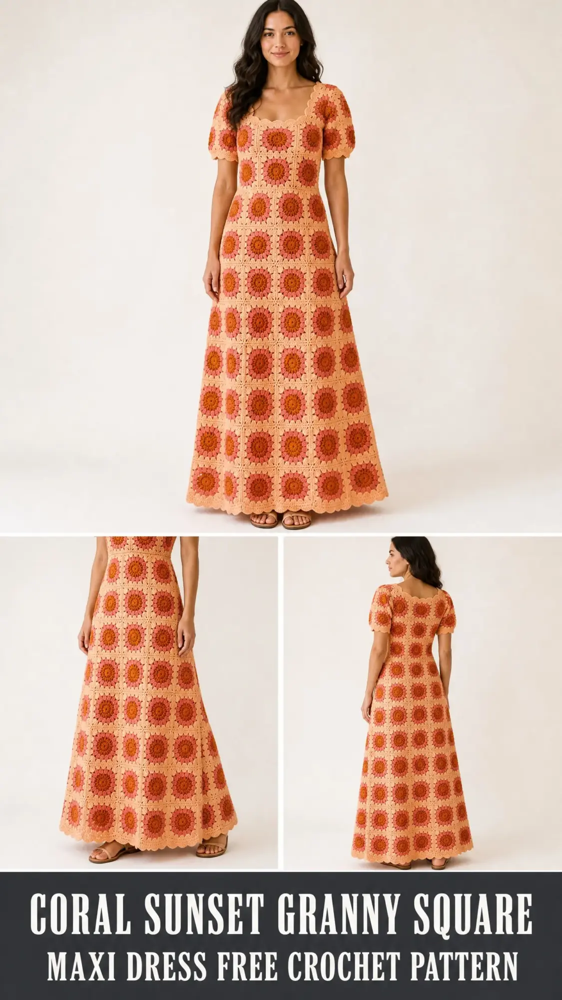 Coral Sunset Granny Square Maxi Dress Free Crochet Pattern