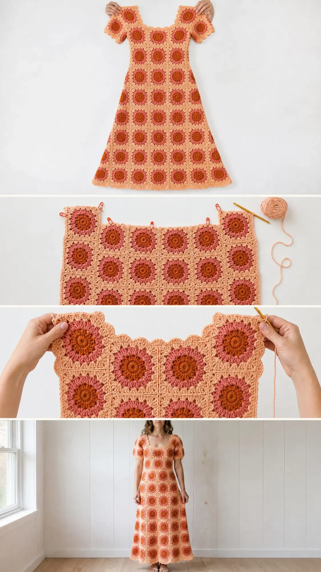 Coral Sunset Granny Square Maxi Dress Free Crochet Pattern