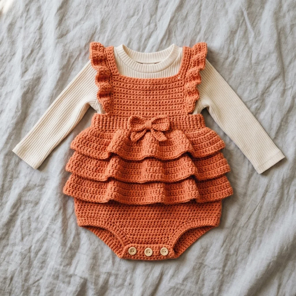 Coral Sunset Ruffled Baby Romper Free Crochet Pattern