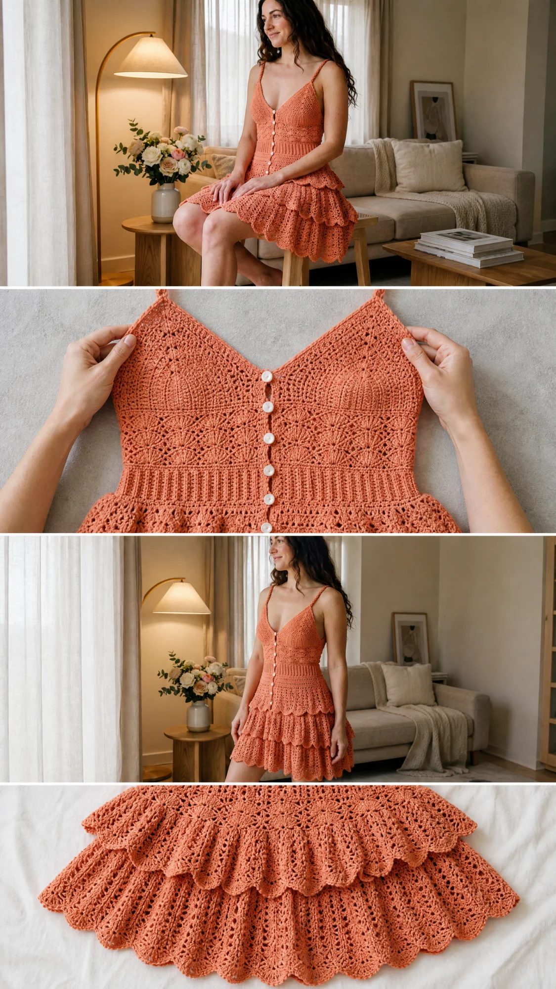 Coral Sunset Tiered Ruffle Crochet Dress Free Pattern