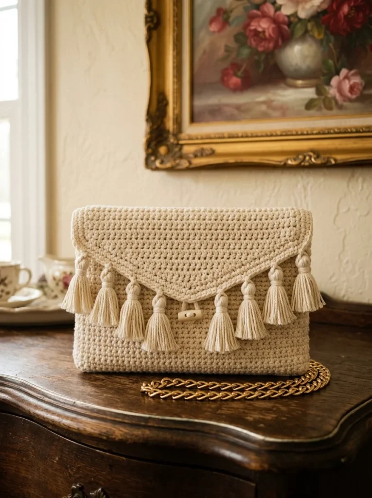 Cream Boho Tassel Fringe Clutch Free Crochet Pattern