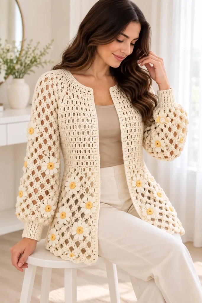 Cream crochet cardigan with open lattice mesh pattern and butter yellow daisy appliques on sleeves and body