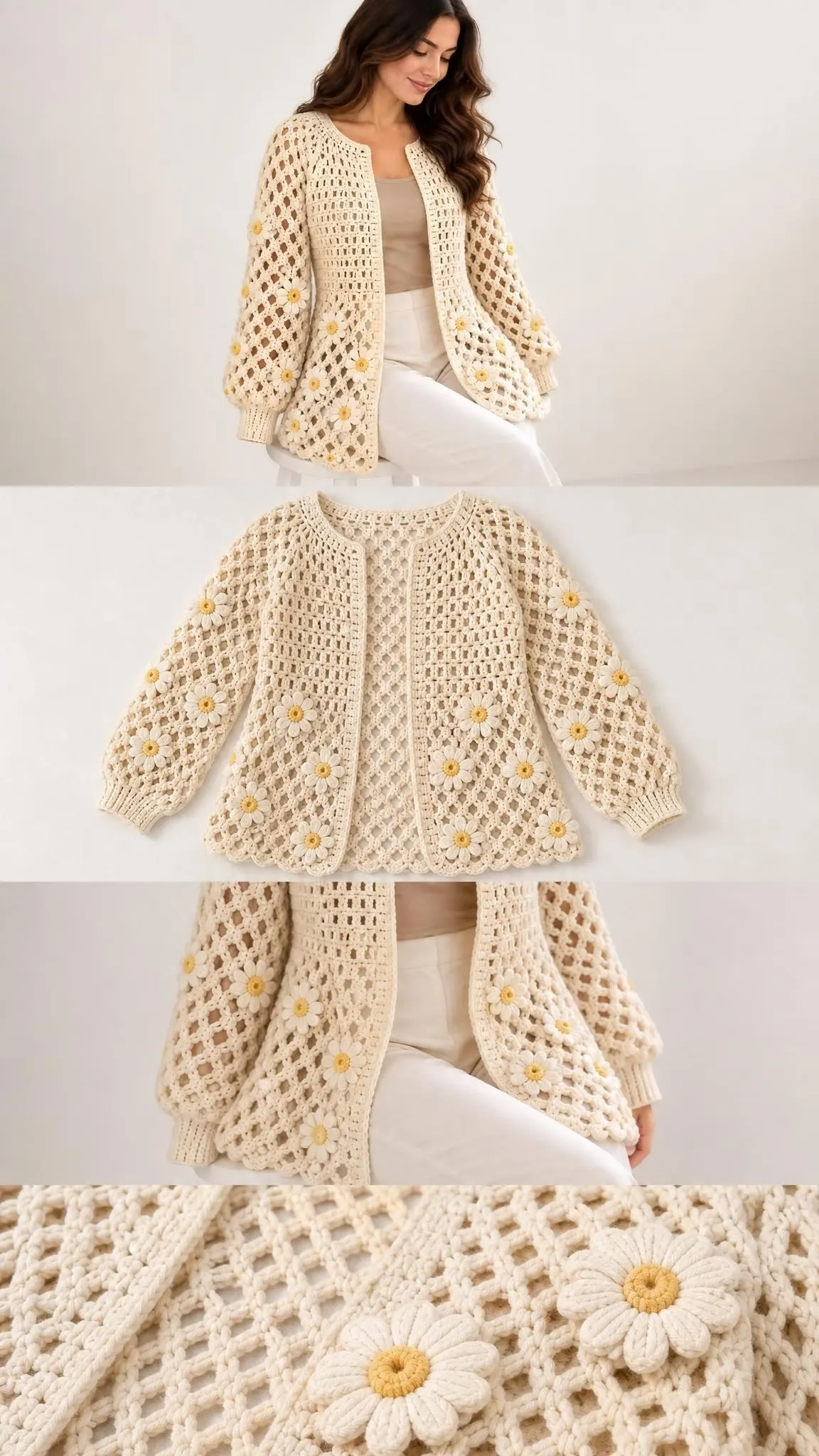 Close up of crochet daisy flower appliques with yellow centers on cream mesh cardigan fabric