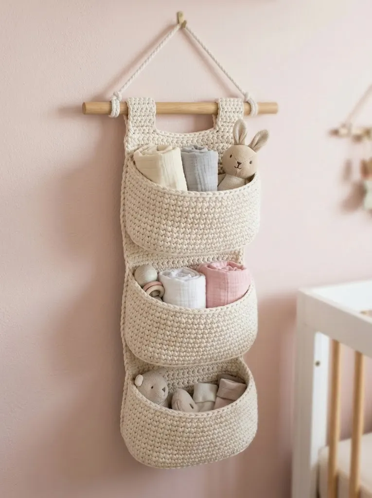 Cream White Nursery Wall Organizer Free Crochet Pattern