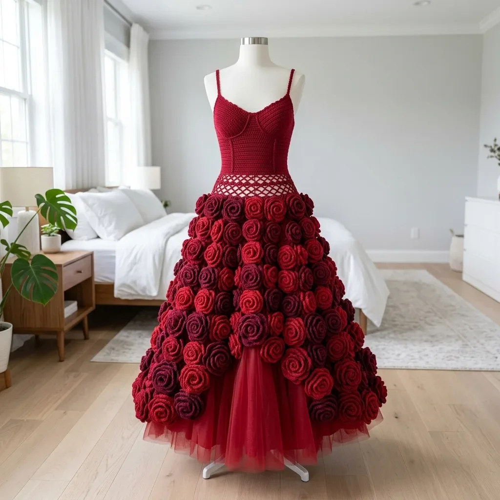 Crimson Valentine Rose Crochet Dress Free Crochet Pattern