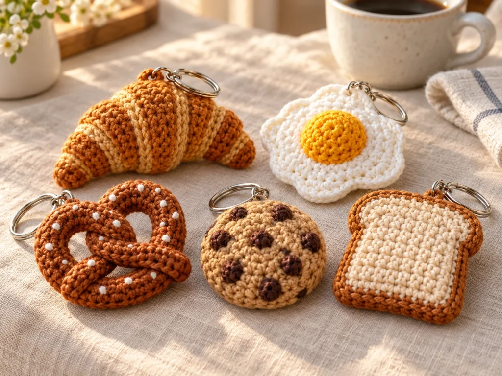 Five handmade crochet breakfast keychains: a croissant, fried egg, pretzel, chocolate-chip cookie, and toast arranged on linen.