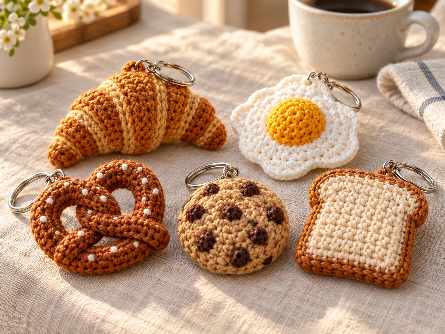 Five handmade crochet breakfast keychains: a croissant, fried egg, pretzel, chocolate-chip cookie, and toast arranged on linen.