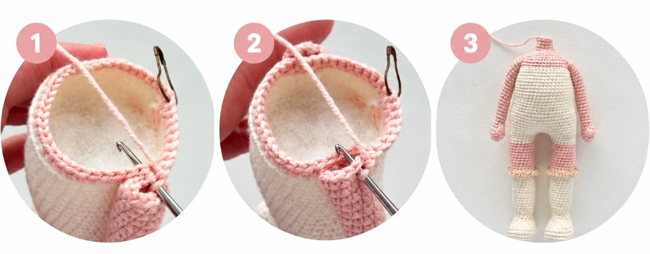Crochet pattern pumpkin doll body construction in progress