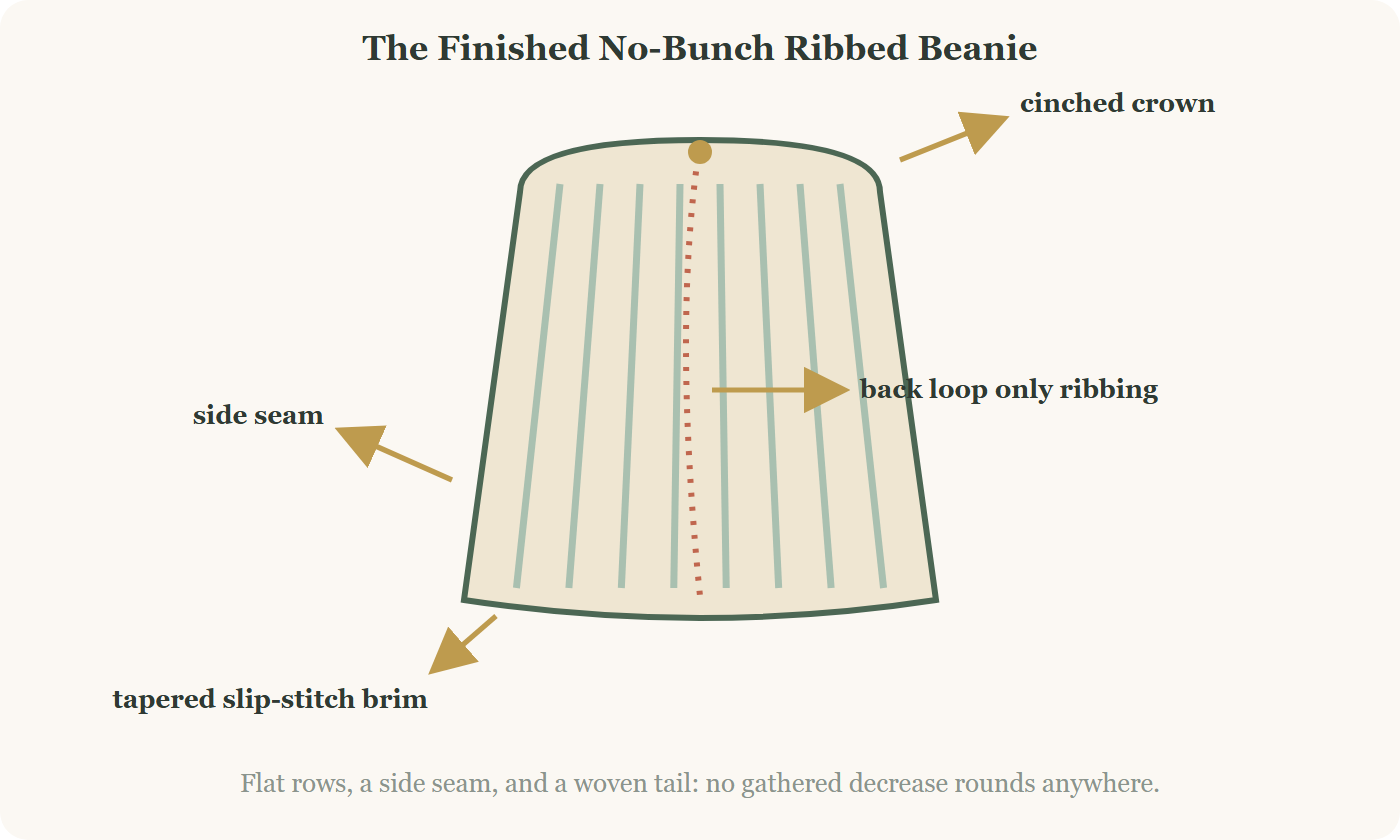 Finished crochet ribbed beanie labelled with the cinched crown, back loop only ribbing, side seam, and tapered brim