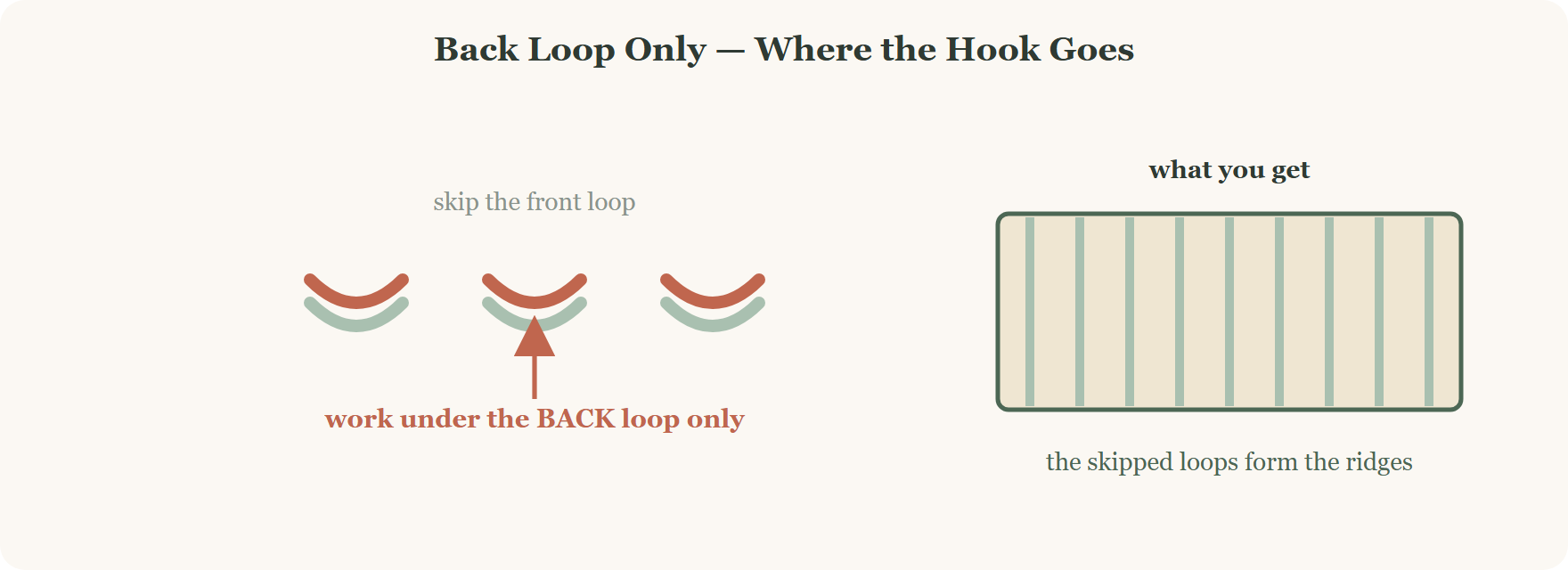 Working back loop only for the crochet shorts waistband leaves the front loops as raised ridges