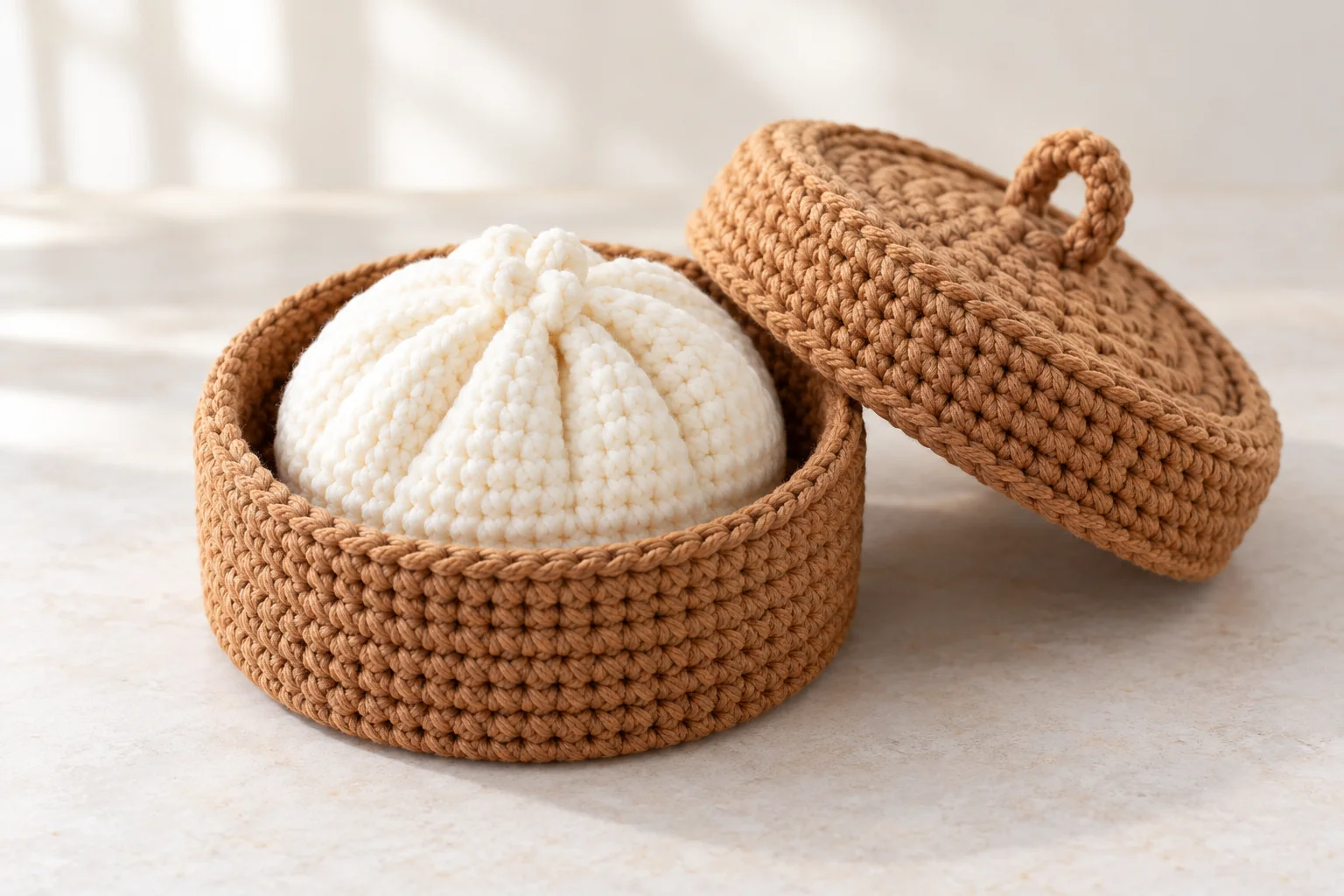 Finished ivory crochet bao nestled inside a brown crocheted steamer basket with its matching handled top