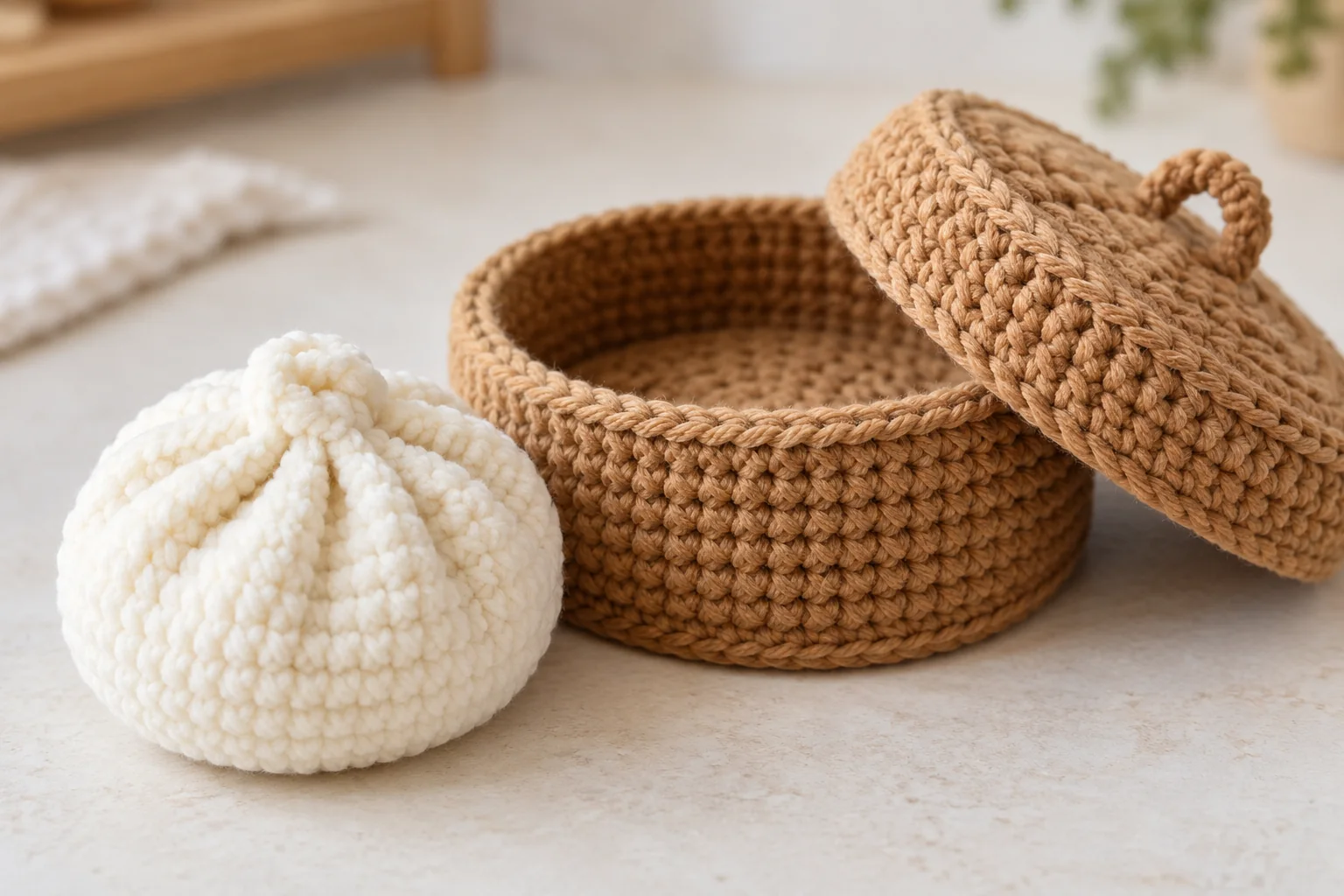 Ivory crochet bao beside its warm brown crocheted steamer basket, showing the basket rim, lid, handle, and textured stitches