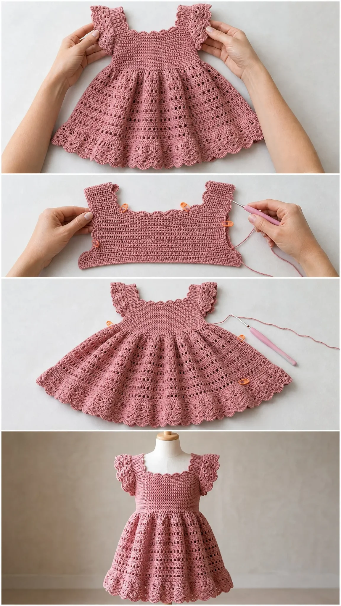 Dusty Rose Babydoll Crochet Dress Free Pattern