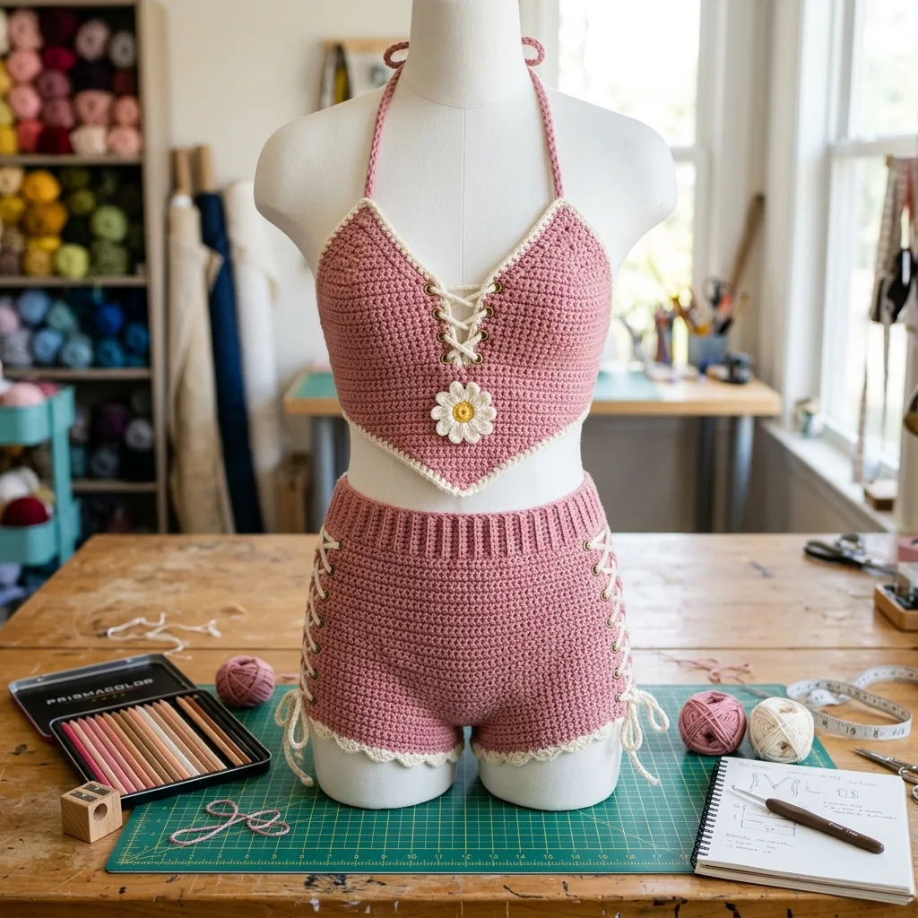 Dusty Rose Boho Lace-Up Crochet Set Free Pattern