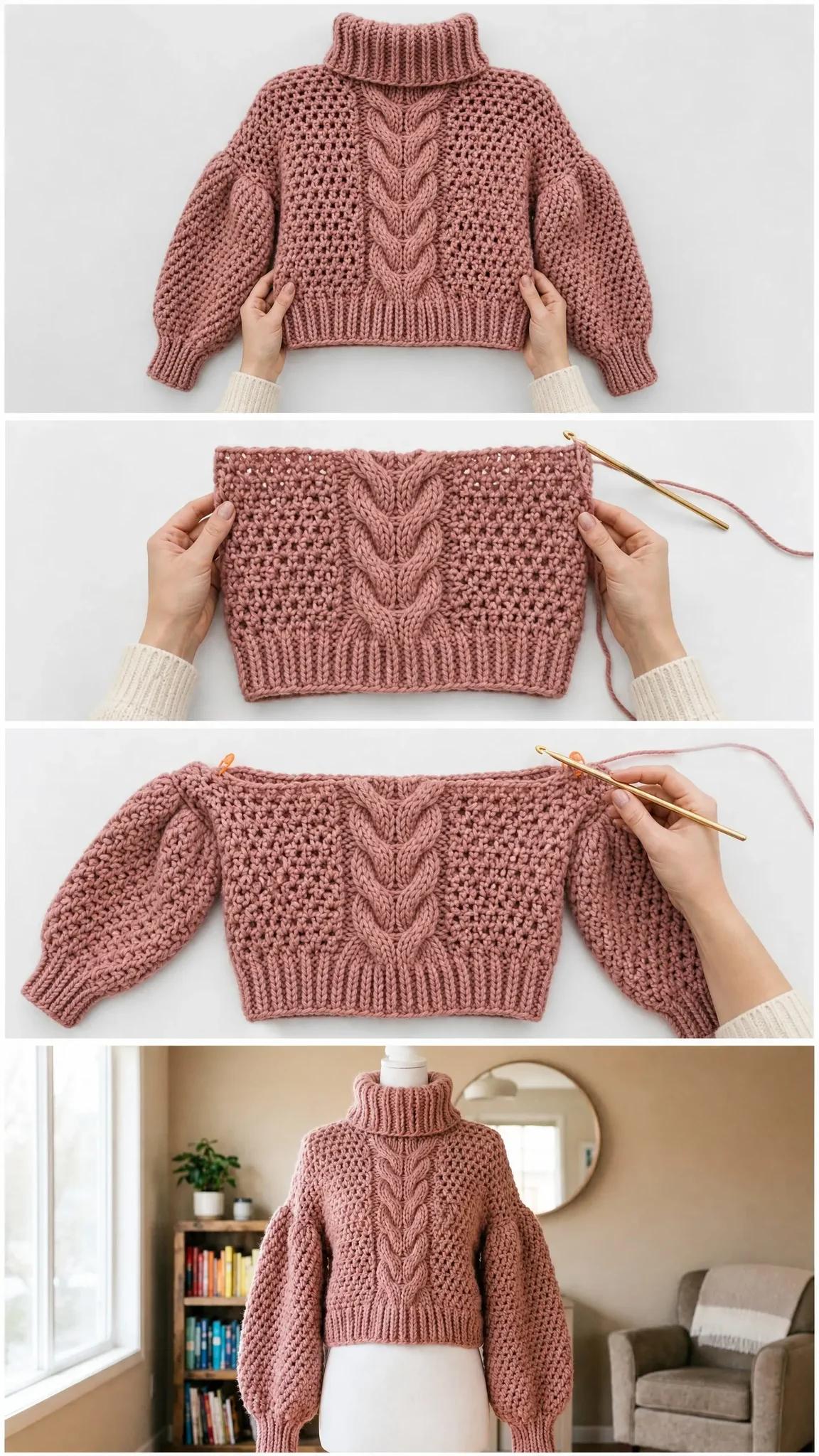 Dusty Rose Cable Crop Sweater Free Crochet Pattern