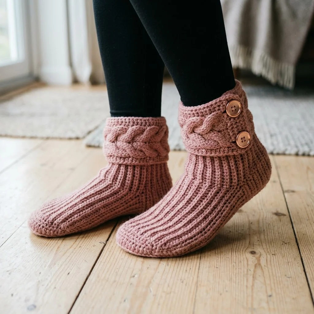 Dusty Rose Cable Cuff Slipper Boots Free Crochet Pattern