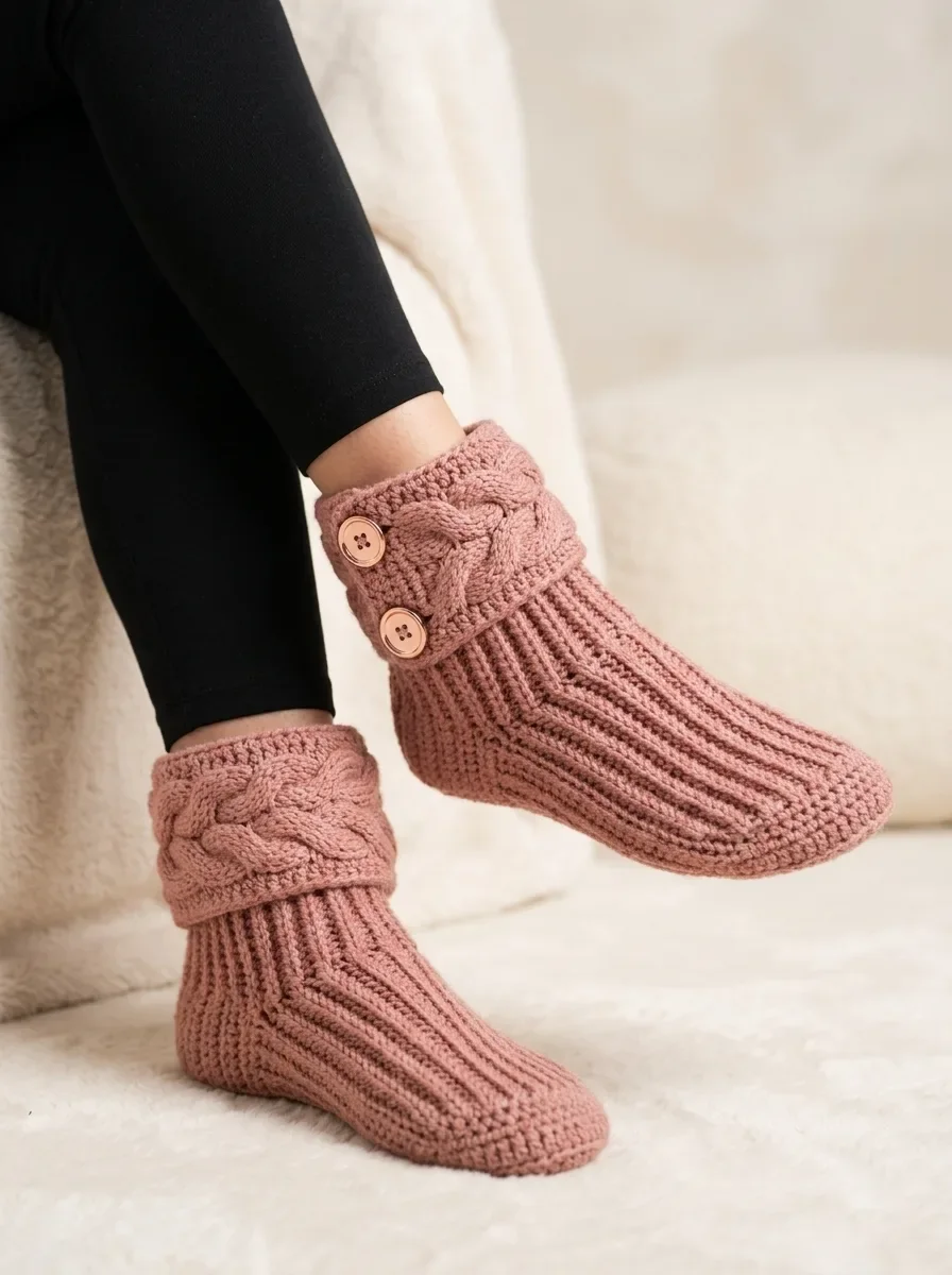Dusty Rose Cable Cuff Slipper Boots Free Crochet Pattern