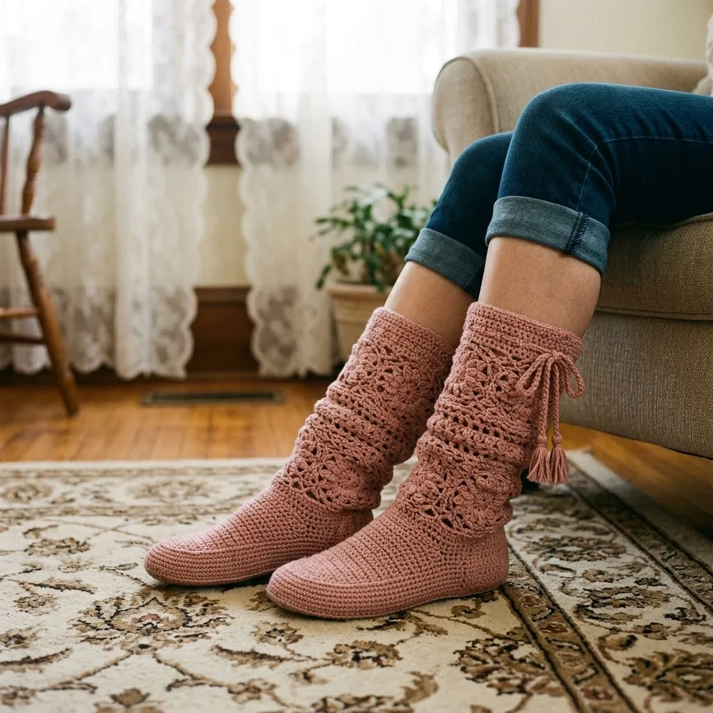 Dusty Rose Floral Crochet Summer Boots Free Pattern