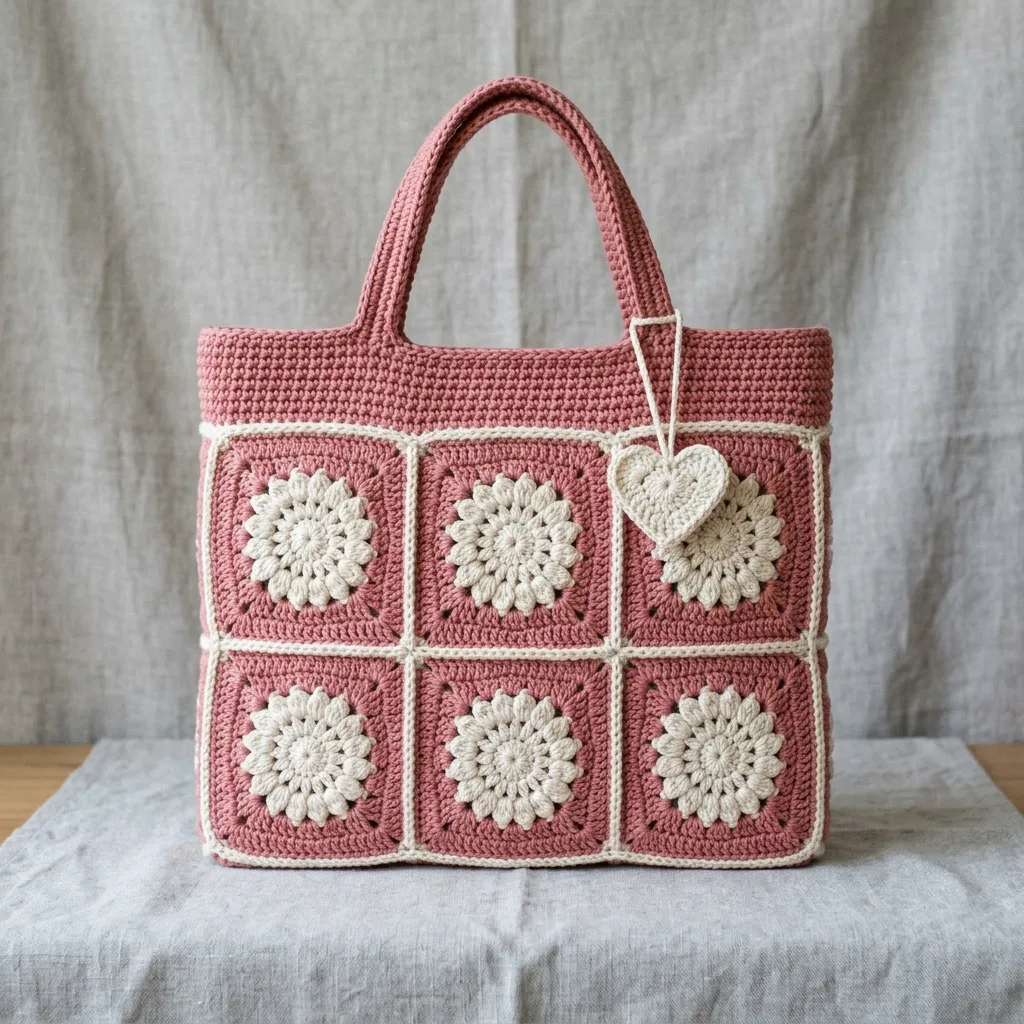 Dusty Rose Floral Granny Square Tote Free Crochet Pattern