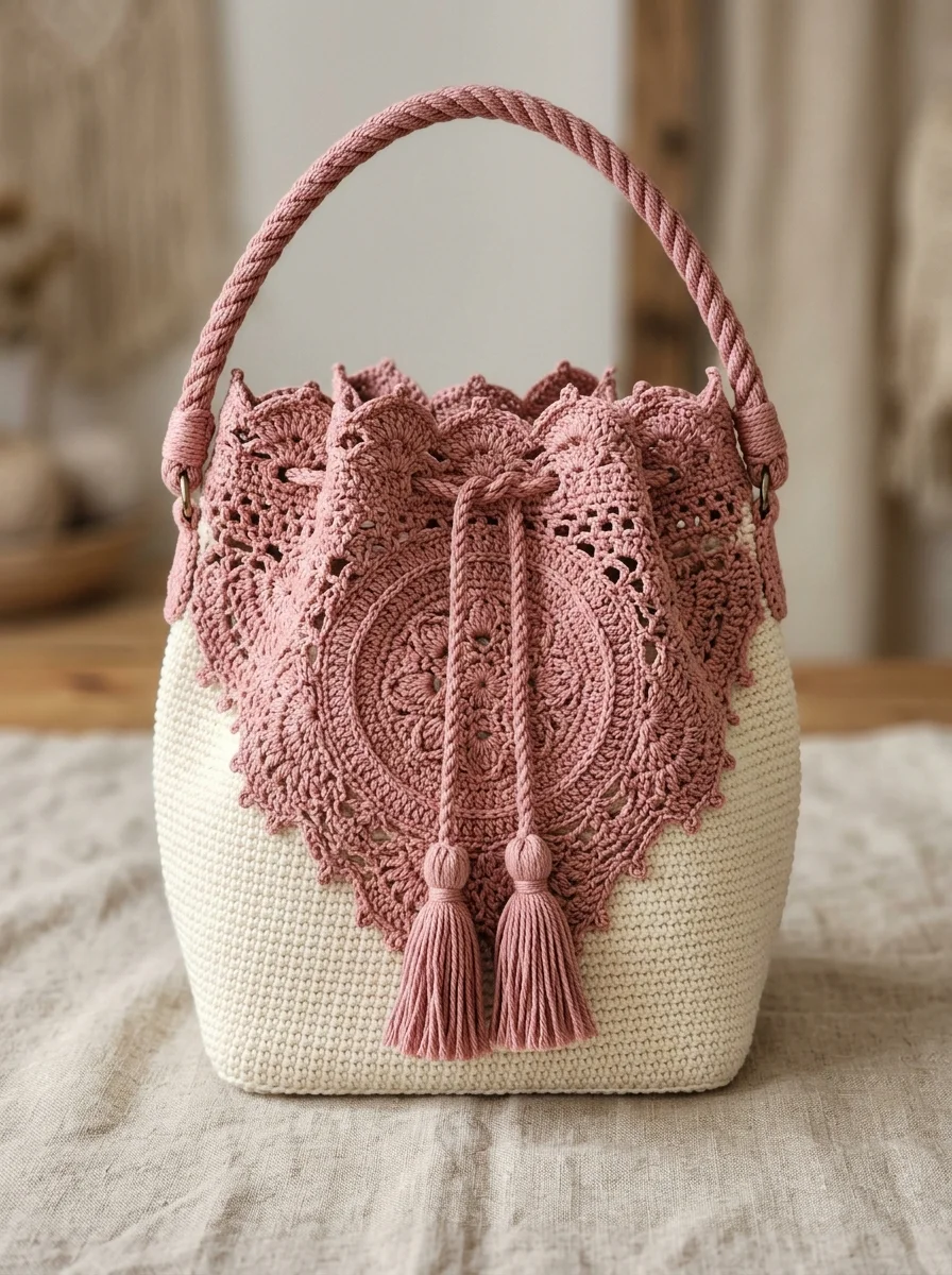 Dusty Rose Floral Lace Bucket Bag Free Crochet Pattern