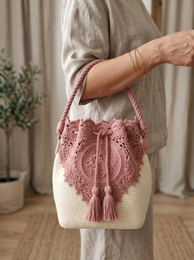 Dusty Rose Floral Lace Bucket Bag Free Crochet Pattern