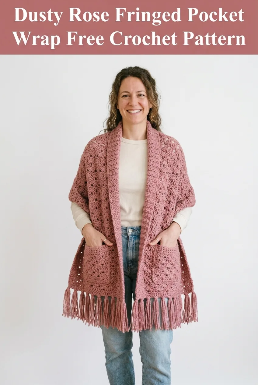 Dusty Rose Fringed Pocket Wrap Free Crochet Pattern