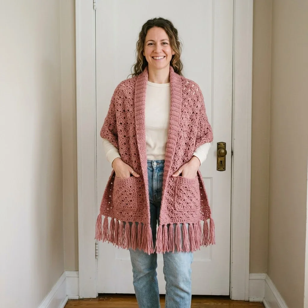 Dusty Rose Fringed Pocket Wrap Free Crochet Pattern