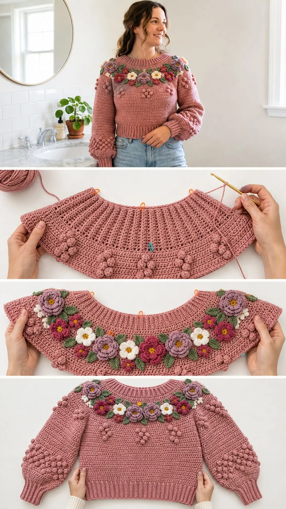 Dusty Rose Garden Bobble Sweater Free Crochet Pattern