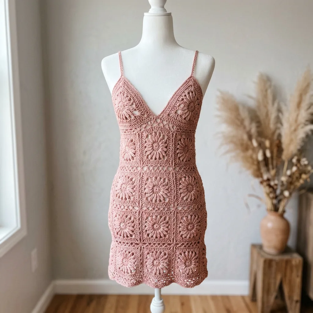 Dusty Rose Granny Square Mini Dress Free Crochet Pattern