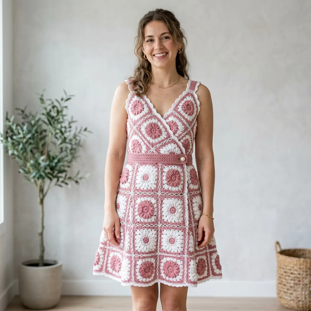 Dusty Rose Granny Square Summer Dress Free Crochet Pattern