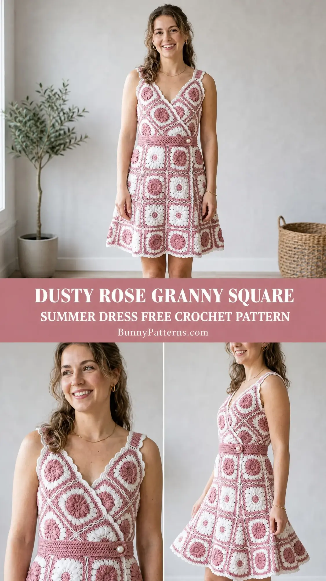 Dusty Rose Granny Square Summer Dress Free Crochet Pattern