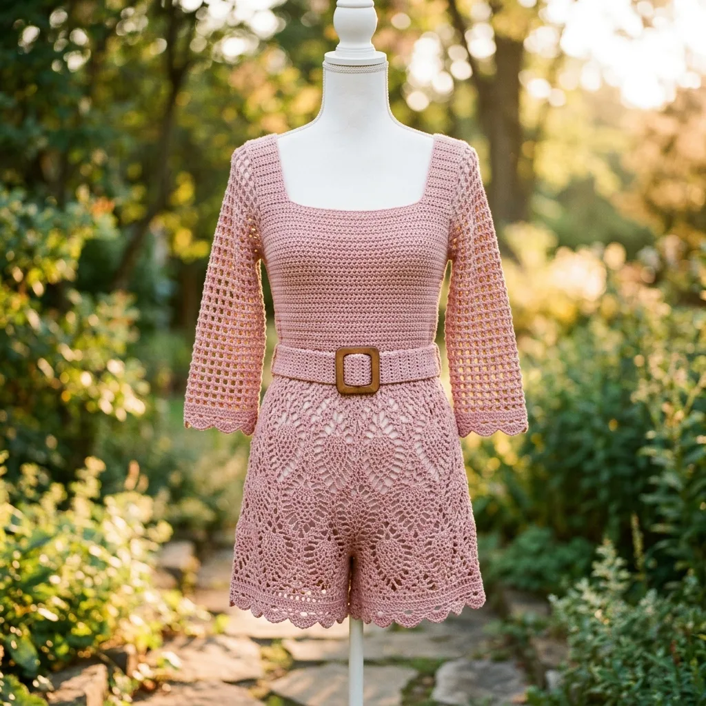 Dusty Rose Grid Mesh Romper Free Crochet Pattern