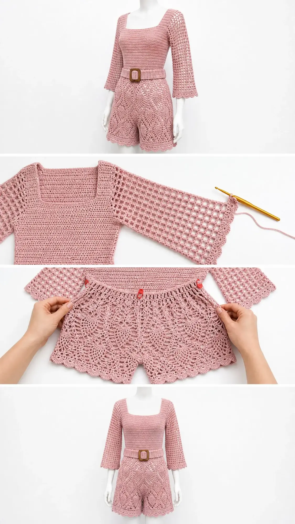 Dusty Rose Grid Mesh Romper Free Crochet Pattern