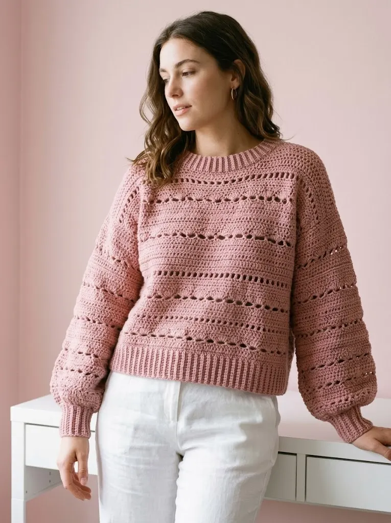 Dusty Rose Lace Panel Crochet Sweater Free Pattern