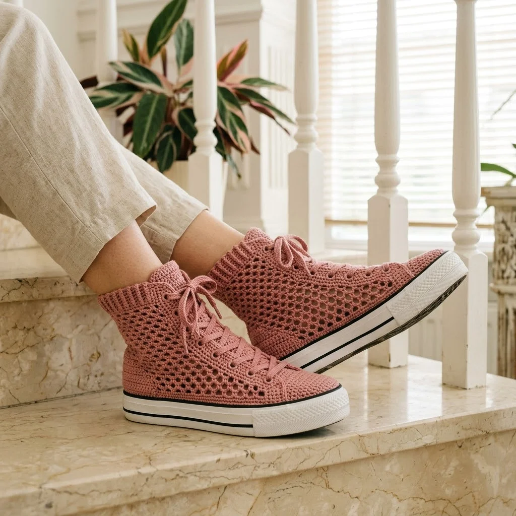 Dusty Rose Mesh Crochet Sneaker Boots Free Pattern