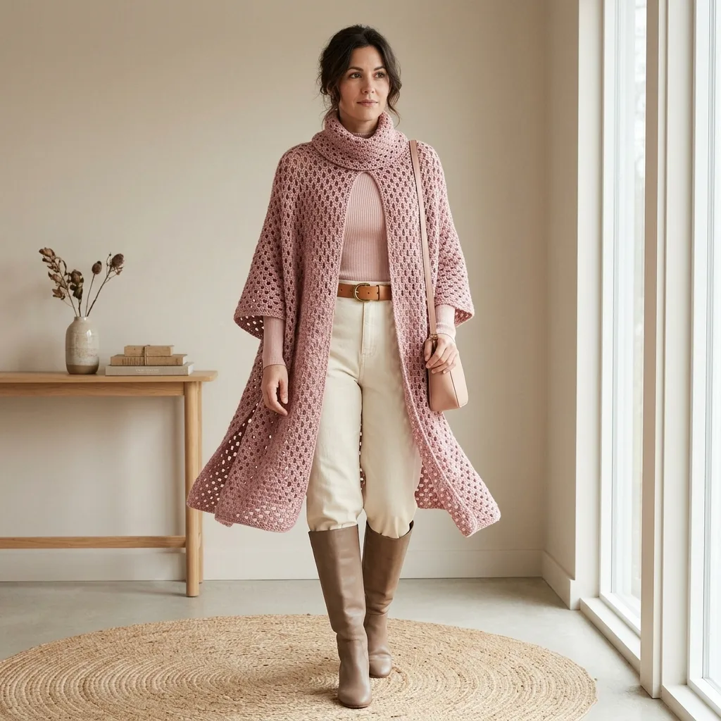 Dusty Rose Openwork Draped Poncho Free Crochet Pattern
